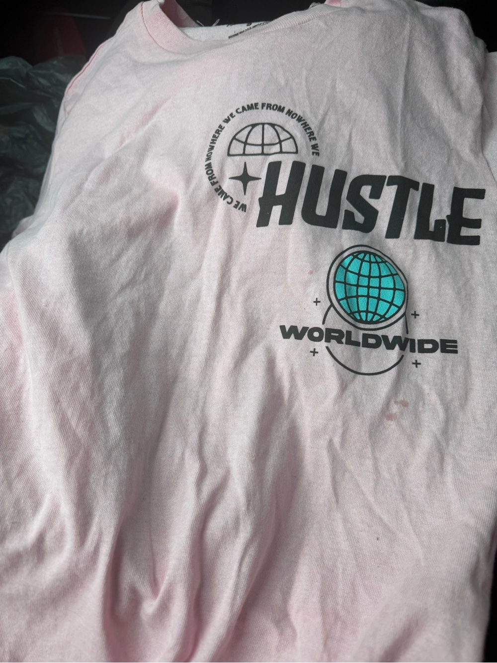 Hustler Hollywood Light Pink men Tee with Teal Globe Graphic